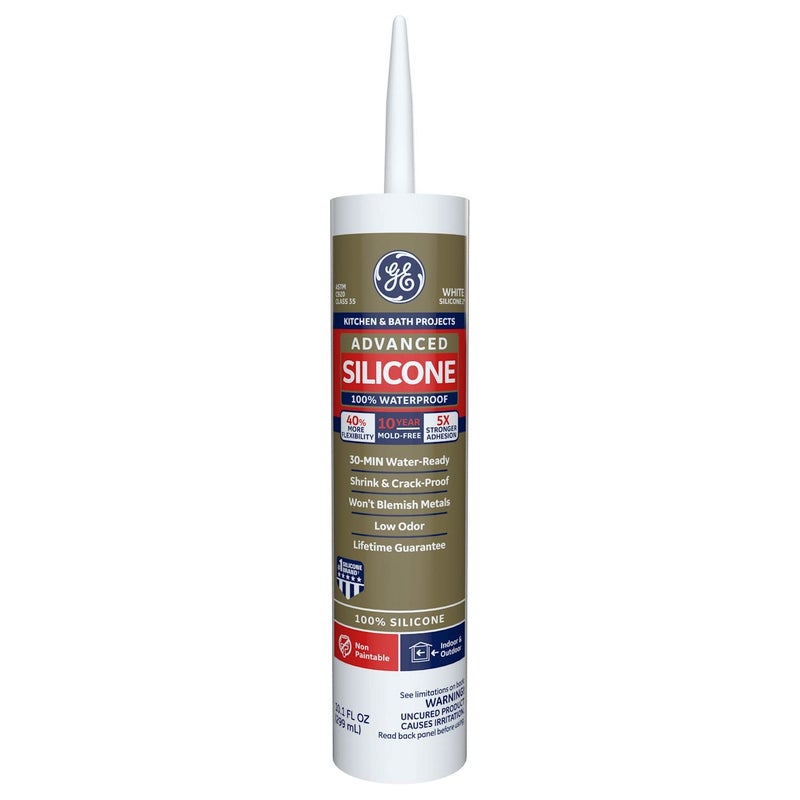 GE Advanced Silicone Caulk for Kitchen & Bathroom - 100% Waterproof Silicone Sealant, 5X Stronger Adhesion, Shrink & Crack Proof - 10 oz Cartridge, White, Pack of 1 - Image 1